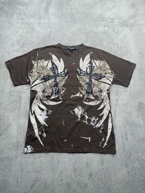 City Ink Y2K Grunge Gothic Cross Wings Graphic T-Shirt XL Brown